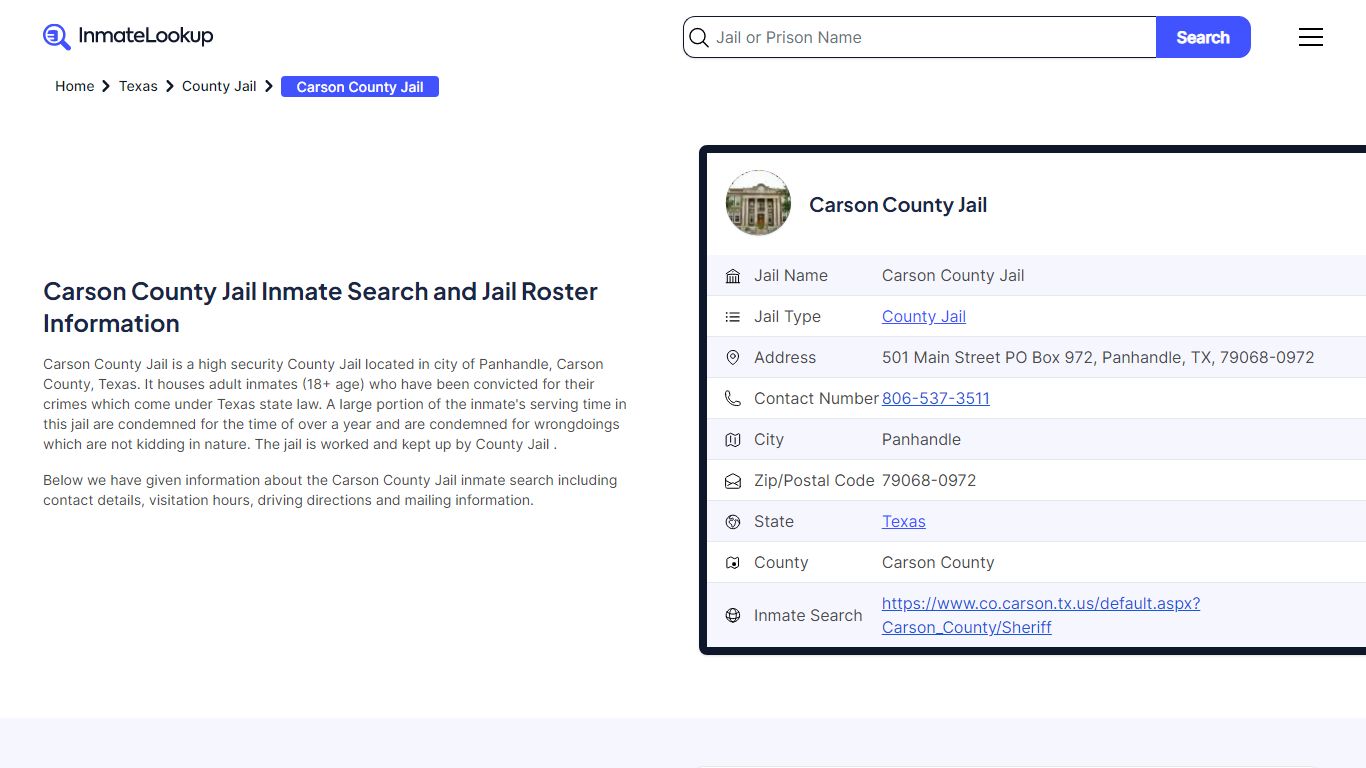 Carson County Jail Inmate Search and Jail Roster Information